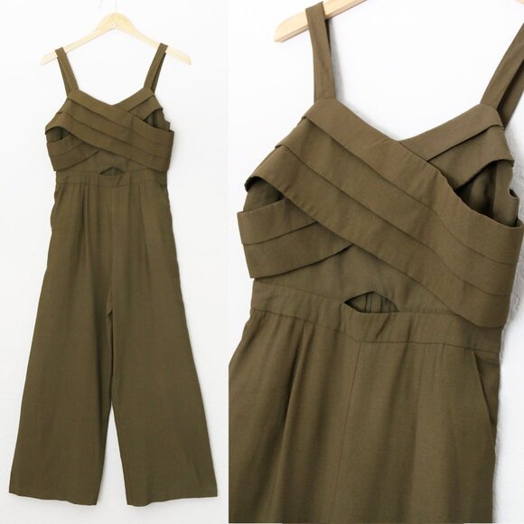 Moon River Olive Green Jumpsuit M Pleated Crisscross Cutout Wide Leg Pockets - Picture 6 of 16